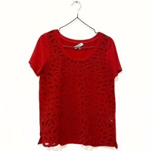 Babaton | Aritzia Red Mesh Floral Silk Rounded-Neck T-Shirt Size XS